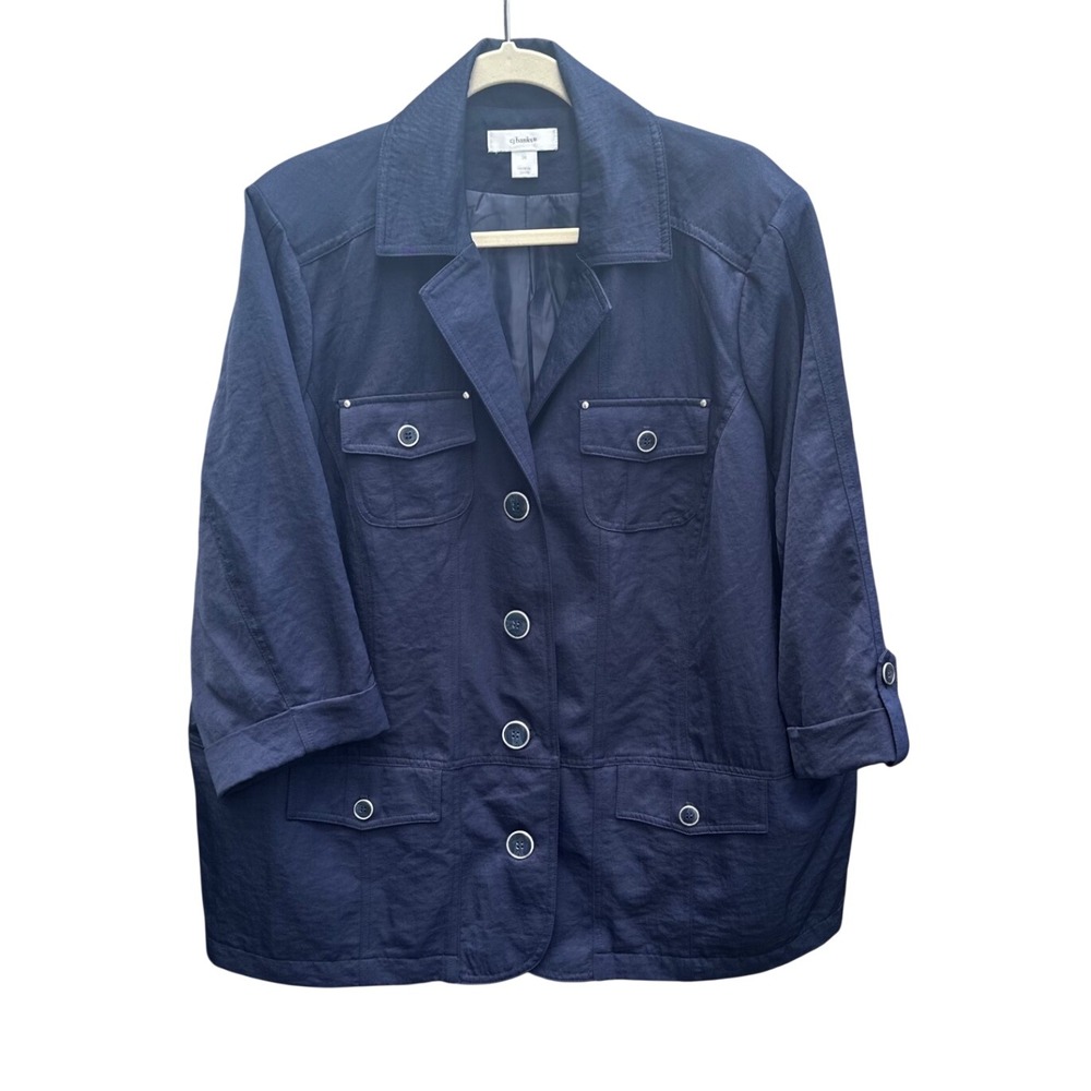 CJ Banks Navy Blue Utility Jacket Womens 3X Button Front 3/4 Sleeve Pockets